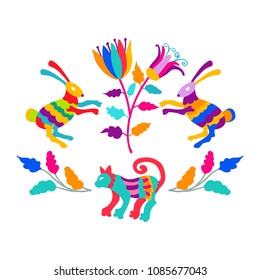 Vector folk Mexican Otomi Style embroidery Pattern set. Folk embroidery ornament