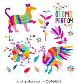 Vector folk Mexican Otomi Style embroidery Pattern set. Folk embroidery ornament elements.