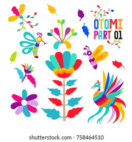 Vector folk Mexican Otomi Style embroidery Pattern set. Folk embroidery ornament elements.