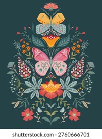 Vector Folk Nordic art posters template with insects and plants. Butterflies in flower ornament. Modern trendy minimal style. Hand drawn design for wall decor, print, postcard, cover, banner