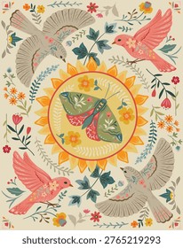 Vector Folk Nordic art posters template with animals and plants. Birds and butterflies in floral ornament. Modern trendy minimal style. Hand drawn design for wall decor, print, postcard, banner