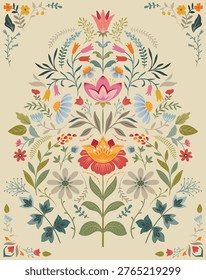 Vector Folk Nordic art posters template with flowers and plants. Modern trendy minimal ornamental style. Hand drawn design for wall decor, print, postcard, cover, banner