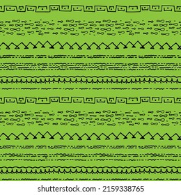 Ornamento vectorial sobre fondo verde. Imagen abstracta sin inconvenientes. Líneas rectas y curvadas, olas, bucles.