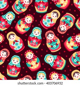 Vector folk seamless pattern with colorful cute Russian dolls. Matryoshka background