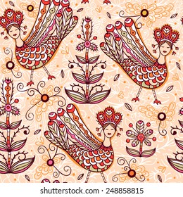 vector folk seamless pattern with Sirin birds