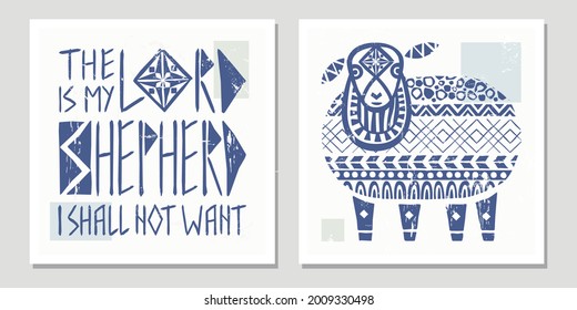 Vector folk sheep illustration and psalm 23 verse in scandinavian hygge stile. Perfect inspiring christian interior prints set.