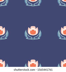 Vector Folk Tulips on Navy Blue seamless pattern background.