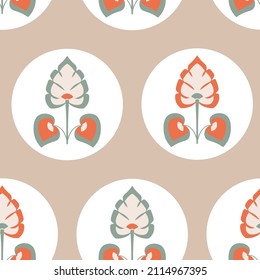 Resumen del folklore vectorial Monstera en colores cálidos fondo de patrón sin fisuras. Perfecto para proyectos de tela, scrapbooking y fondo de pantalla.