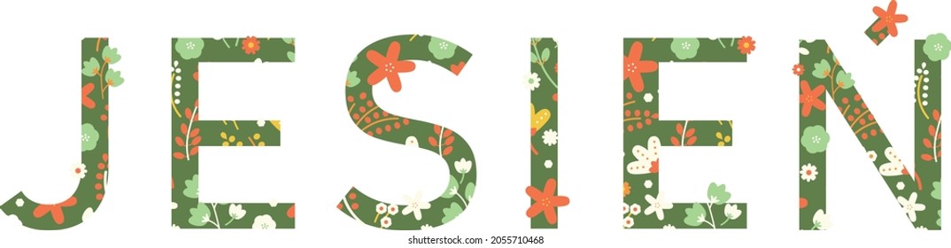 Vector Folklore Florals JESIEN inspirational inscription in warm colors. Isolated on white background perfect for design, web projects and many more.