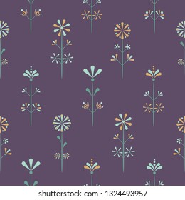 Vector Folklore Florals on purple seamless pattern background. Perfect for fabric, scrapbooking and wallpaper projects.	