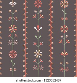 Vector Folklore Flowers in line with border seamless pattern background. Perfect for fabric, scrapbooking and wallpaper projects.