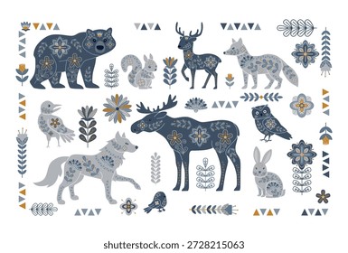 Ilustración de folclore Vector con animales forestales caprichosos con intrincados patrones florales y geométricos. Incluye un oso, ciervo, zorro, alce y otras criaturas forestales rodeadas de Elementos decorativos.