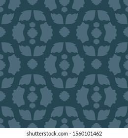 Vector Folklore Rose and Leaves Decor on Deep Sea Blue seamless pattern background.
