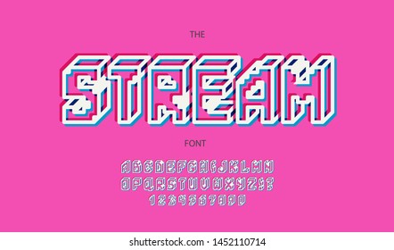 Vector font 3d bold style modern typography. Trendy alphabet for party poster, kids book, t shirt, flyer, decoration, card, sale banner, printing on fabric, industrial. Cool typeface. 10 eps