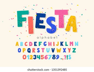 Vector font and alphabet. Abc, english letters and numbers. Fiesta