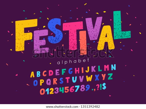 Vector font and alphabet. Abc, english letters
and numbers. Festival