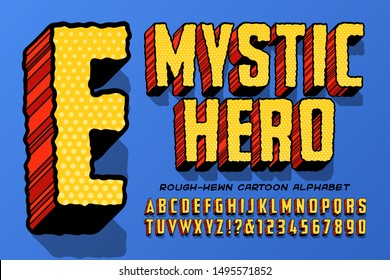 Vector Font Alphabet In A Classic Retro Comic Book Style Title Or Headline Lettering; Mystic Hero Has A Rough-hewn Look To The 3d Edges.