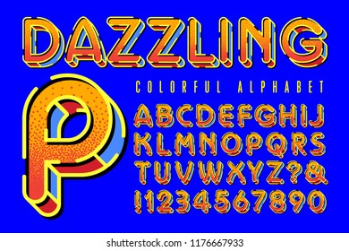 Vector font alphabet with dazzling optical effects and highly saturated bright colors.