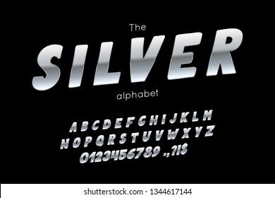 Vector font and alphabet. Set of latin letters and numbers. Silver type
