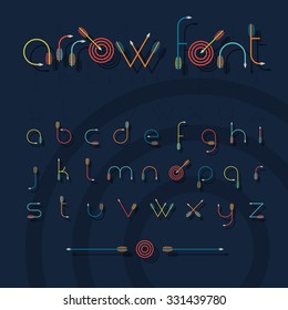 Vector font alphabet shaped like archery arrows