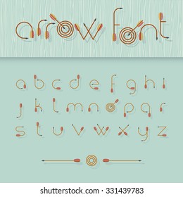 Vector font alphabet shaped like archery arrows