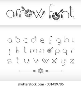 Vector font alphabet shaped like archery arrows
