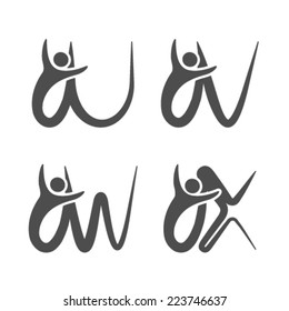 Vector font alphabet with symbol of human - simple letters - U, V, W, X