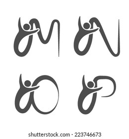 Vector font alphabet with symbol of human - simple letters - M, N, O, P