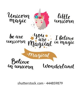 Vector font and baby unicorn, hand drawn lettering, inspirational quote isolated on white background. You are magical, Wonderland