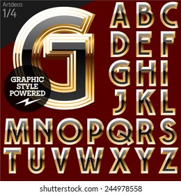 Vector font of beveled golden letters. Art-deco. File contains graphic styles available in Illustrator. Set 1