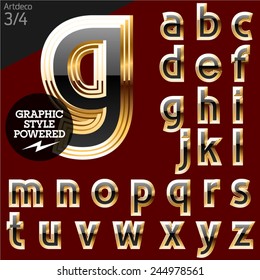 Vector font of beveled golden letters. Art-deco. File contains graphic styles available in Illustrator. Set 3