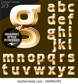 Vector font of beveled golden letters. Compact normal. File contains graphic styles available in Illustrator. Set 3