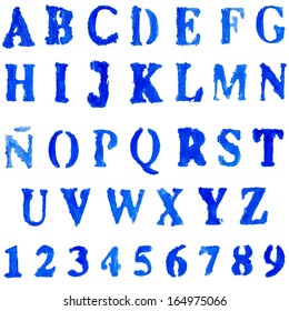 Vector font  in blue colors. Hand drawn letters and numbers. Set of numbers letters in words for design illustration , backgrounds , textures , wallpaper,computer technologies,creation of clothing.


