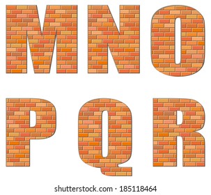 Vector font build out of red bricks. Signs and symbols of the Latin alphabet isolated on white background