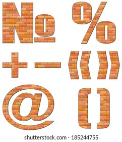 Vector font build out of red bricks. Signs and symbols isolated on white background
