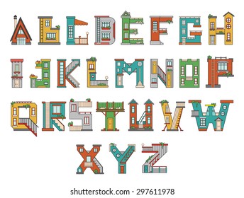 Vector font in cartoon style. English vector type. Vector latin alphabet. Building alphabet. Isolated font on white background.Vector font for education or poster design.Vector font easy recolor.