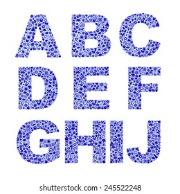 Vector font with chaotic images of different icons inside the letters.