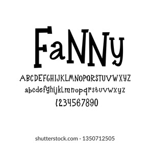 Vector font. Cheerful and child hand drawn lettering alphabet. Design template celebration. Vector font for children's books, magazines, greeting cards.