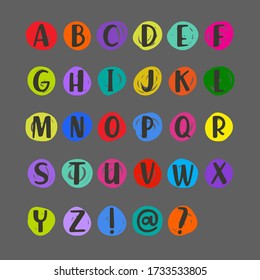 Vector font for children's invitations, holidays, cards, greetings. Capital letters of the English alphabet in multicolored hand-drawn circles. Elements of the vector logo of the kids zone, store.