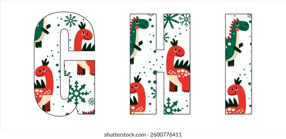 Vector font with christmas child pattern of
cartoon funny
dinosaurs cub and snowflakes on white background.
2026 New Year fashion set of letters of english alphabet for
kid clothing, fabric, textile.