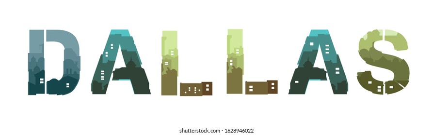 Vector font composition panorama of Dallas city. Decorative urban typography