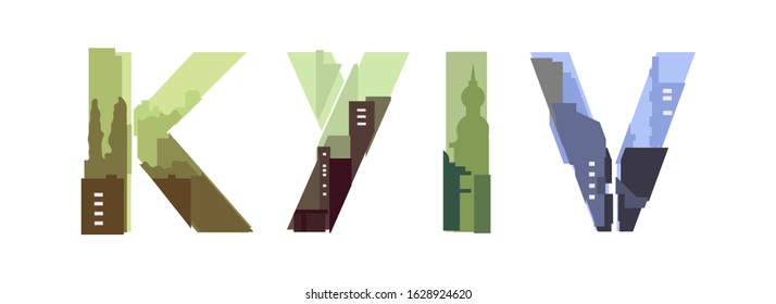 Vector font composition panorama of the Ukrainian city of Kyiv. Decorative urban typography