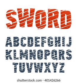 Vector font cuted by samurai sword. Stylish dynamic typeface. Latin alphabet from A to Z.