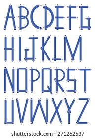 Vector font design with uppercase alphabets formed by graphite pencils isolated on white background.
