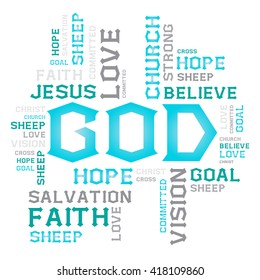 vector font DESIGN word cloud creative business concept god jesus hope love goal sheep church on white background