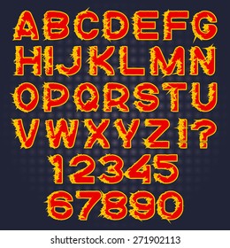 Vector font of the fiery letters and numerals on a dark abstract background.