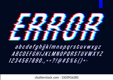 Vector font with glitch effect, Digital distorted stylized tv bug letters and numbers, vector illustration