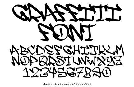 Vector font in graffiti style. Wall art and vandalism, a symbol of self-expression and street art. Element of hip-hop culture on the walls of the city. Black letters on a white background in 90s style