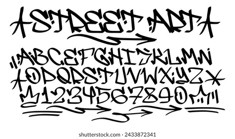 Vector font in graffiti style. Wall art and vandalism, a symbol of self-expression and street art. Element of hip-hop culture on the walls of the city. Black letters on a white background in 90s style