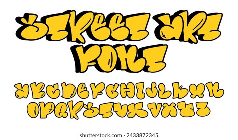 Vector font in graffiti style. Wall art and vandalism, a symbol of self-expression and street art. Element of hip-hop culture on the walls of the city. Black letters on a white background in 90s style